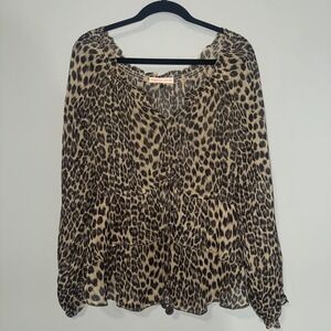 Rebecca Taylor Leopard‎ Print Tiered Blouse Smocked Neck Metallic Gold Accents